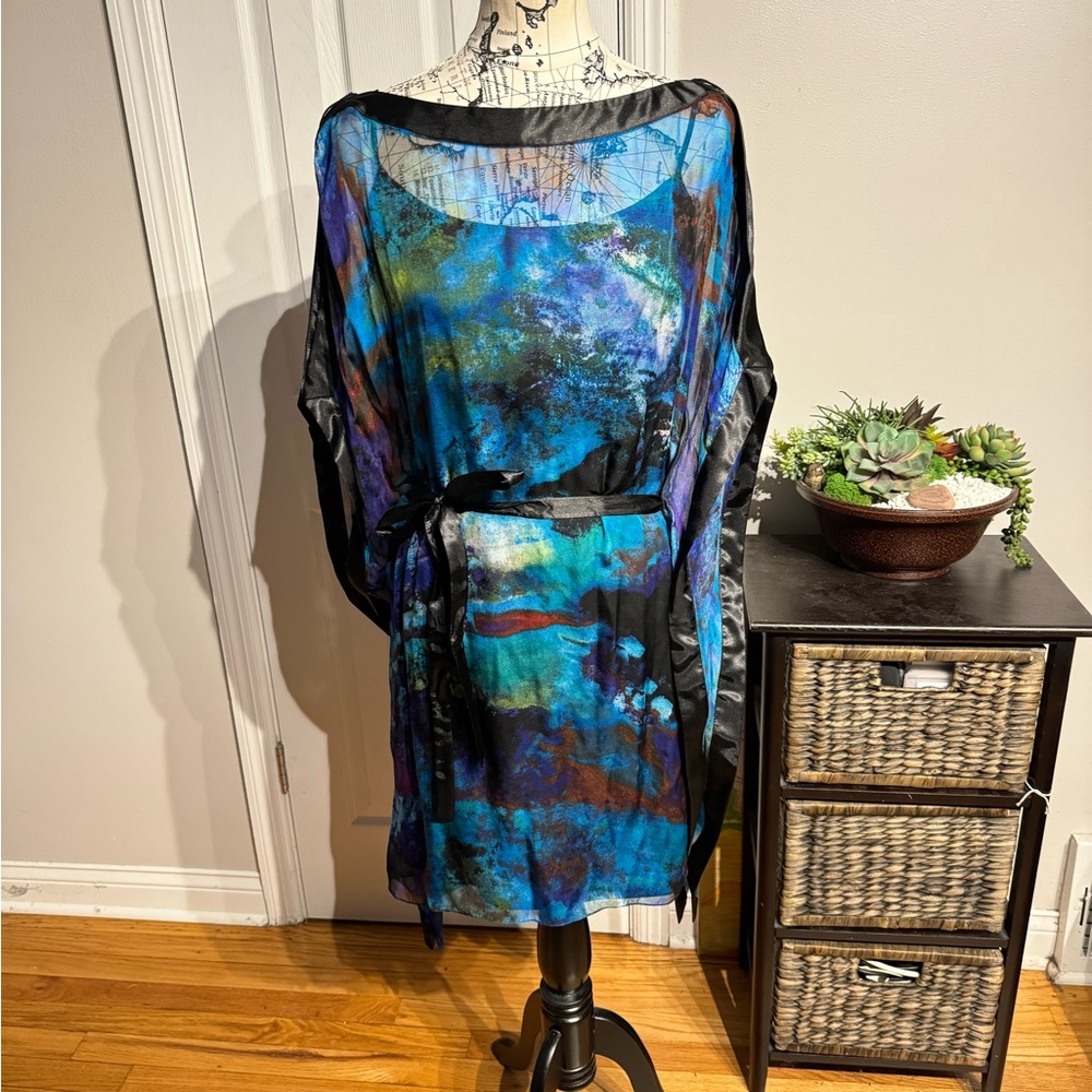 NWOT Aidan SILK Kaftan Off shoulder Kimono Bling marble asymmetric slip dress 12